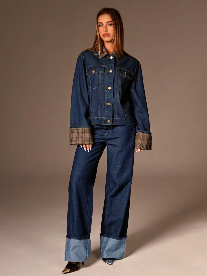 CM-CS199554 Women Elegant Seoul Style Dark Wash Collar Neckline Single Breatsed Long Sleeve Denim Jacket