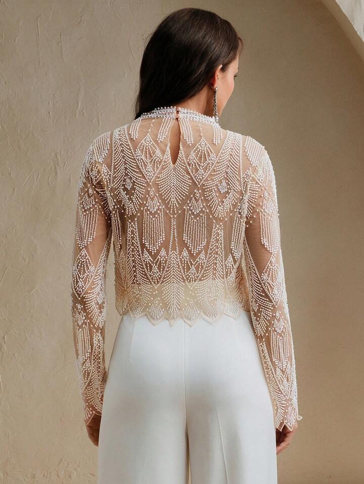 CM-TS022616 Women Elegant Seoul Style Stand Collar Long Sleeve Beaded Sequin Embellished Cropped Top - Apricot