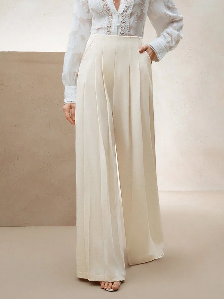 CM-BS395326 Women Elegant Seoul Style Solid Color Slimming Double Pleated Wide Leg Pants - Apricot