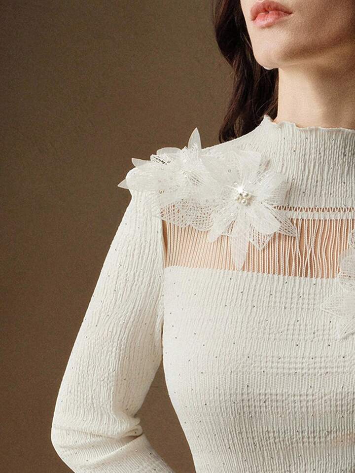 CM-TS613963 Women Elegant Seoul Style Floral Appliques Stand Collar Extra Long Flared Sleeve Blouse - Apricot