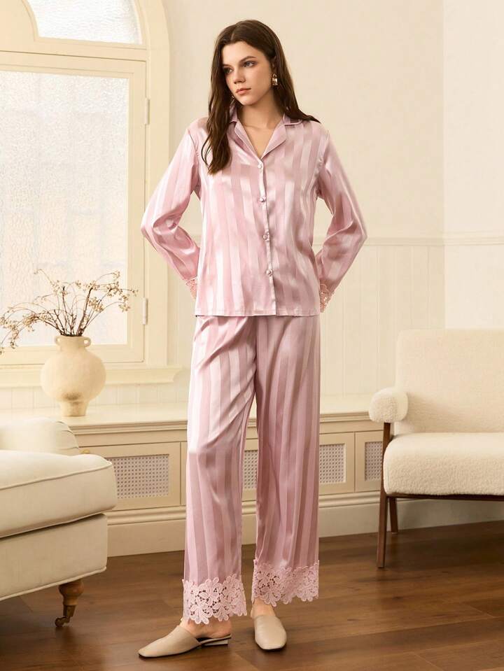 CM-LS335721 Women Trendy Seoul Style Lace Collar Striped Satin Lapel Long Sleeve Pajama Set - Pink