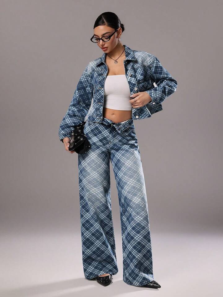 CM-CS876969 Women Casual Seoul Style Medium Wash Diamond Plaid Button-Up Denim Jacket