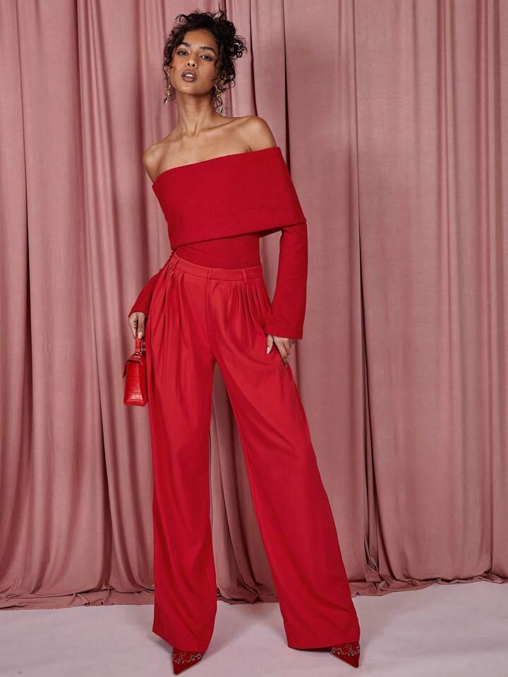 CM-BS170218 Women Elegant Seoul Style High Waist Pleated Long Straight Leg Pants - Red