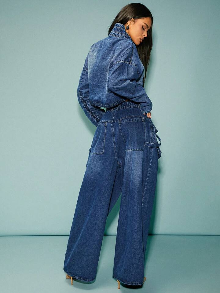 CM-BS219390 Women Casual Seoul Style Medium Wash High Waist Front Zipper Pocket Wide Leg Jeans