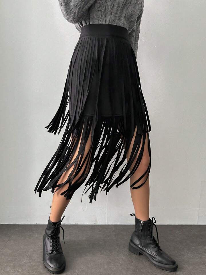 CM-BS128411 Women Casual Seoul Style Asymmetrical Patchwork Fringe Skirt - Black