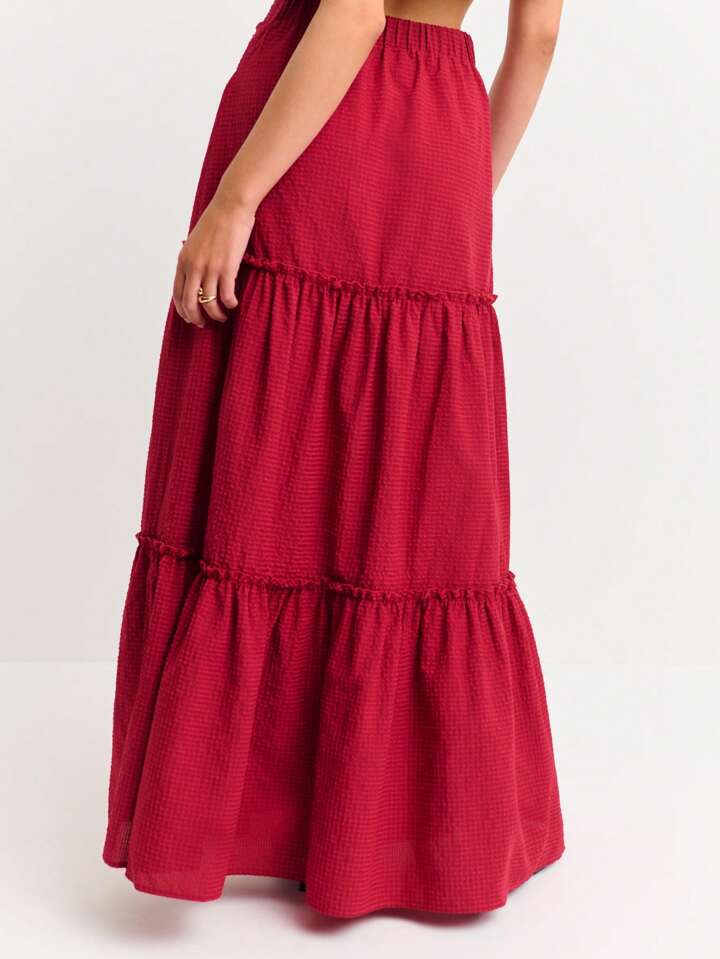 CM-BS094288 Women Trendy Bohemian Style Gathered Seams Oversized Waist Tie Tiered Maxi Skirt - Burgundy