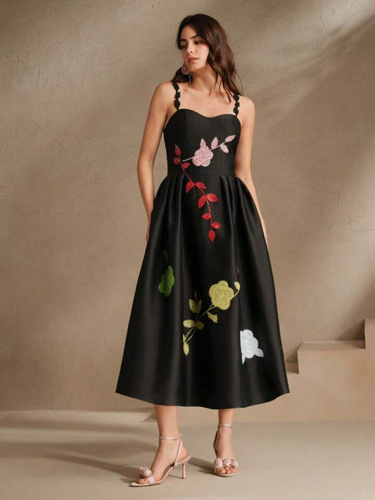 CM-DS086002 Women Elegant Seoul Style Sequin Floral Decor Sleeveless High Waist Long Dress - Black