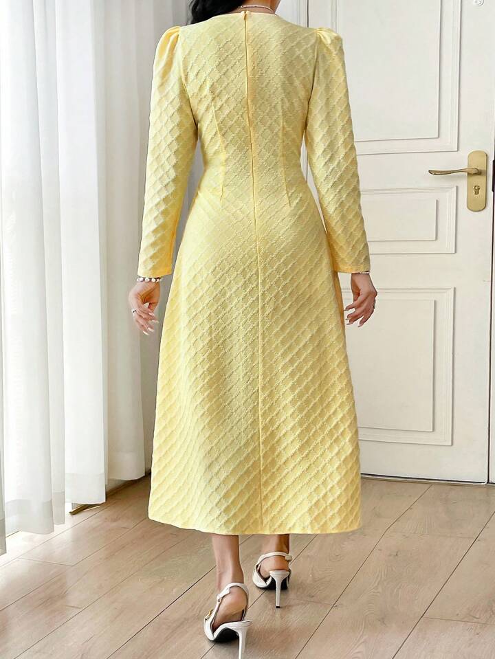 CM-DS227858 Women Elegant Seoul Style Square Neck Puff Sleeve Plaid Jacquard Gathered Dress - Yellow