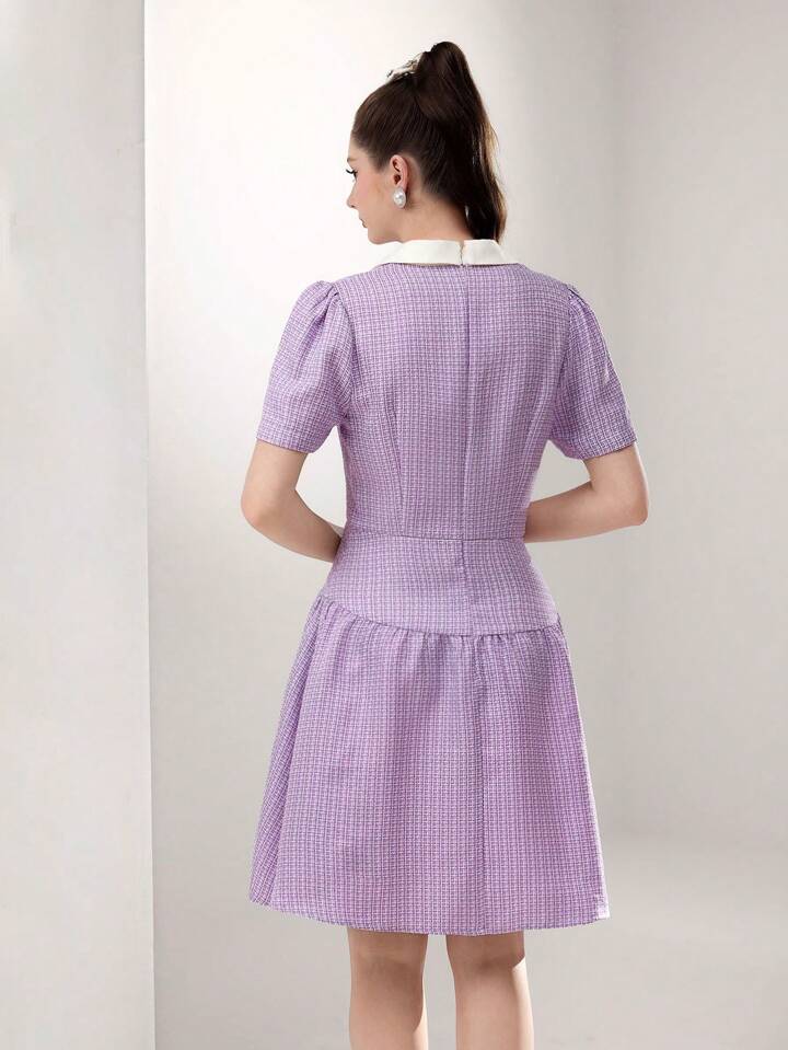 CM-DS337872 Women Casual Seoul Style Collar Neckline Short Sleeve High Waist Contrast Splice Mini Dress