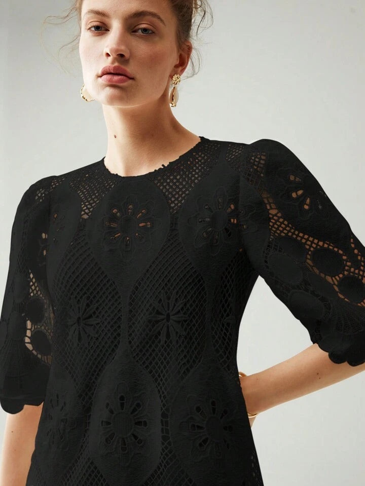 CM-DS636852 Women Elegant Seoul Style Round Neck Half Sleeve Lace Overlay Dress - Black