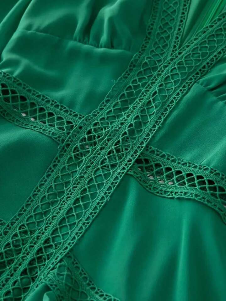CM-DS217609 Women Elegant Seoul Style V-Neck Lantern Sleeve Hollow Out Ruffle Maxi Dress - Green