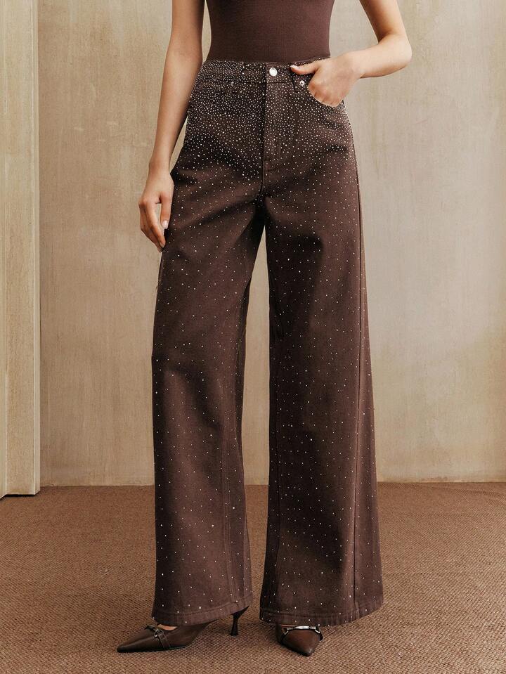CM-BS242333 Women Elegant Seoul Style Mid Waist Baggy Flared Leg Pants - Brown