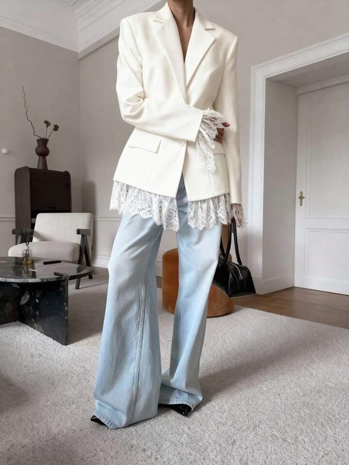 CM-CS088473 Women Elegant Seoul Style Solid Color Pocket Lace Patchwork Button Waist Blazer Jacket - Apricot