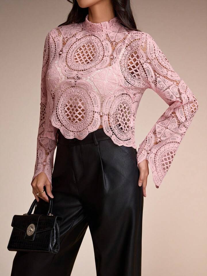 CM-TS544222 Women Casual Seoul Style Stand Collar Lace Hollow-Out See-Through Blouse - Pink