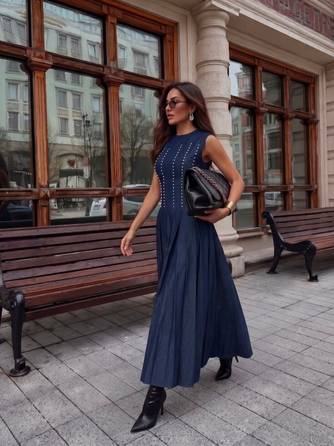 CM-DS438479 Women Elegant Seoul Style Round Neck Sleeveless Pearl Decor Waist-Cinched A-Line Pleated Long Denim Dress