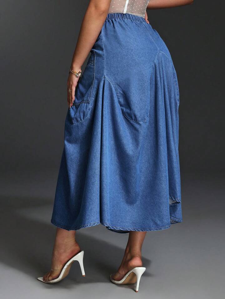 CM-BS176108 Women Casual Seoul Style Elastic Waist Long Loose Denim A-Line Denime Skirt - Blue
