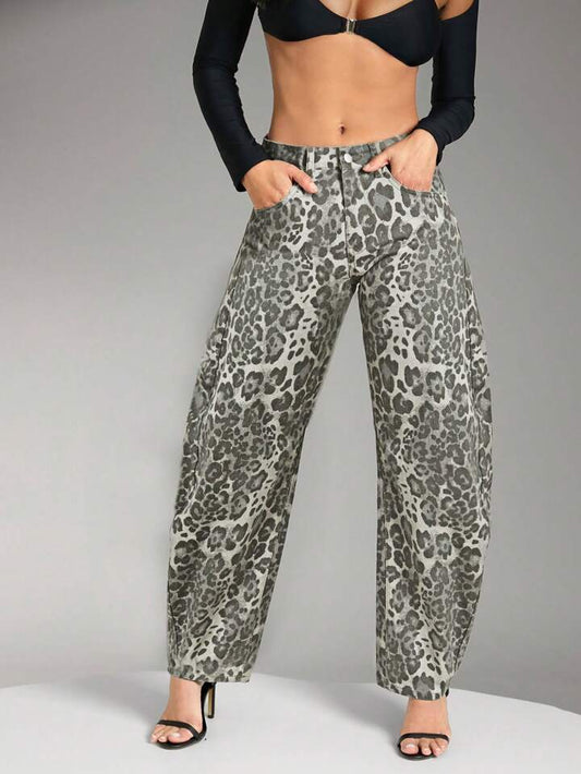 CM-BS236500 Women Casual Seoul Style Low Waist Leopard Print Straight Leg Denim Jeans - Gray