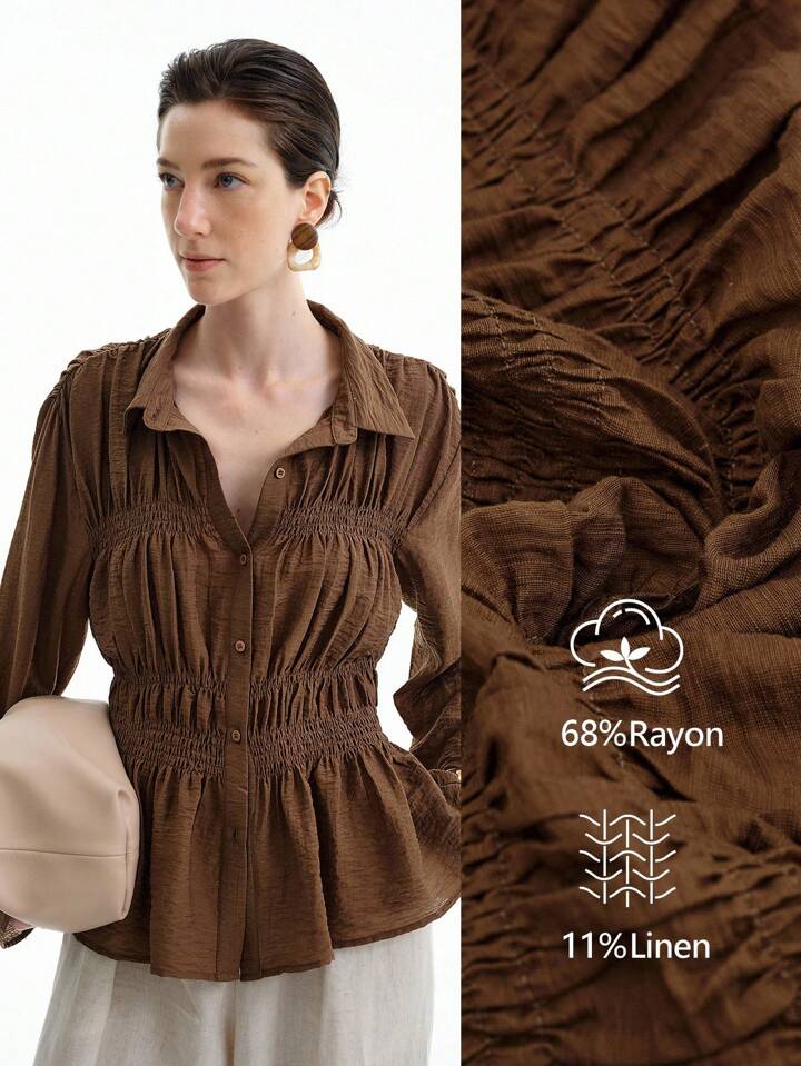 CM-TS385838 Women Elegant Seoul Style Collar Neckline Button Front Drawstring Waist Drop Shoulder Loose Blouse