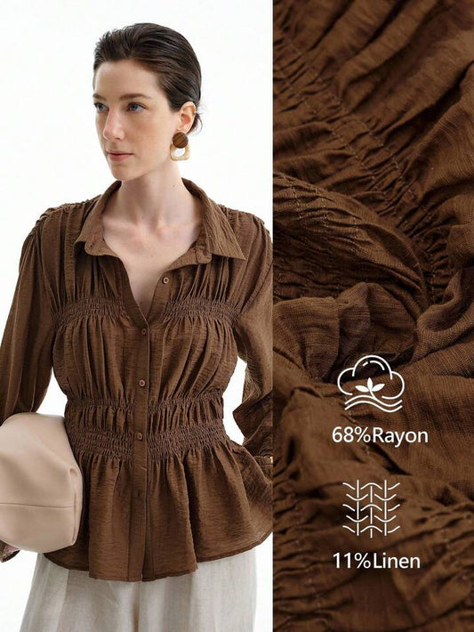 CM-TS385838 Women Elegant Seoul Style Collar Neckline Button Front Drawstring Waist Drop Shoulder Loose Blouse