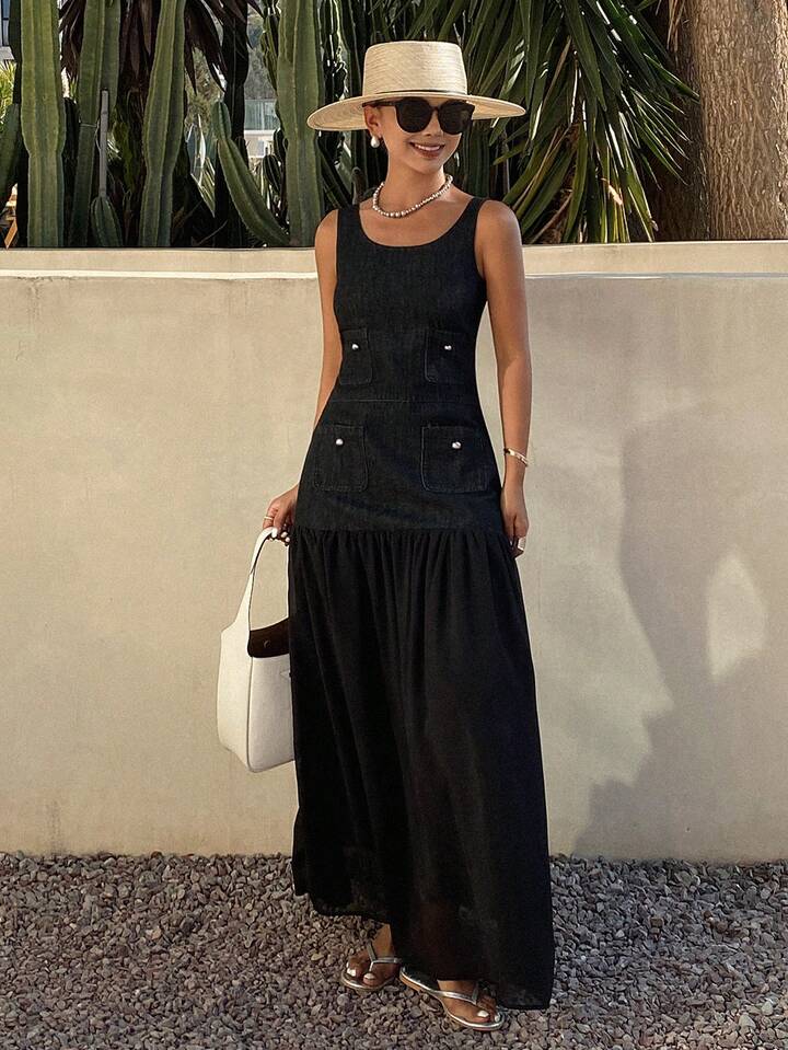 CM-DS140723 Women Casual Seoul Style Dark Wash Scoop Neck Sleeveless Mesh Patchwork Long Denim Dress