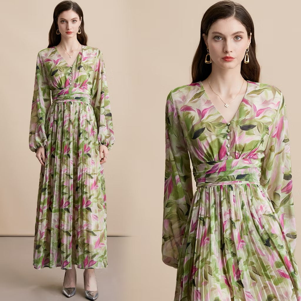 CM-DY054097 Women Elegant European Style Floral Print V-Neck Long Sleeve Pinched Waist Maxi Dress