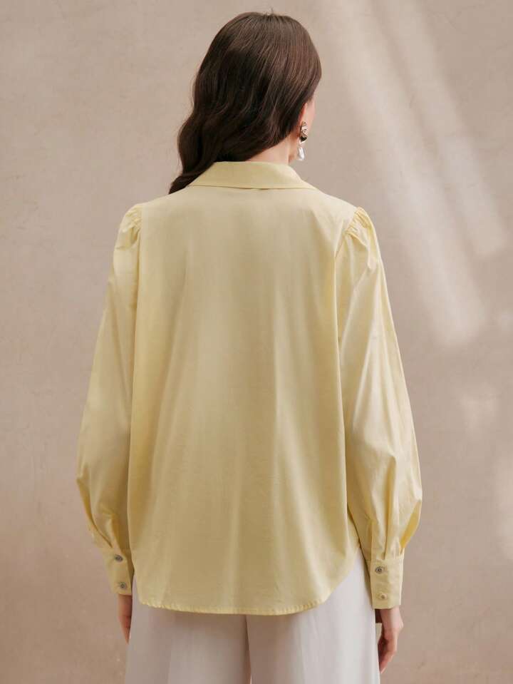CM-TS115884 Women Elegant Seoul Style Long Sleeve Rhinestone Button Blouse - Yellow