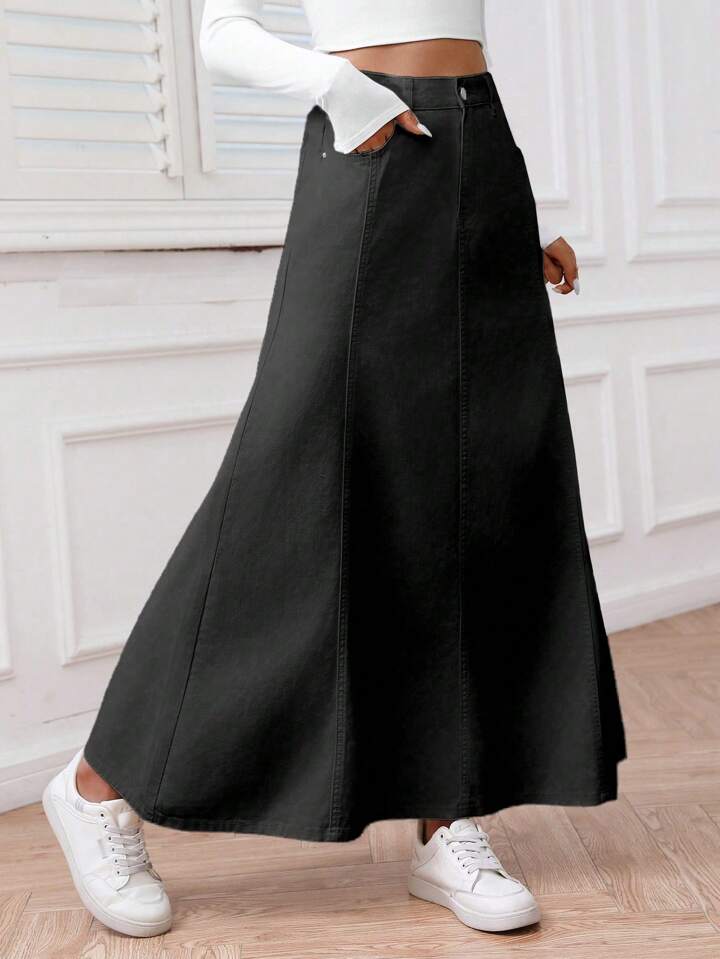 CM-BS151661 Women Casual Seoul Style Solid Color Front Button Pocket Denim Midi Skirt - Black