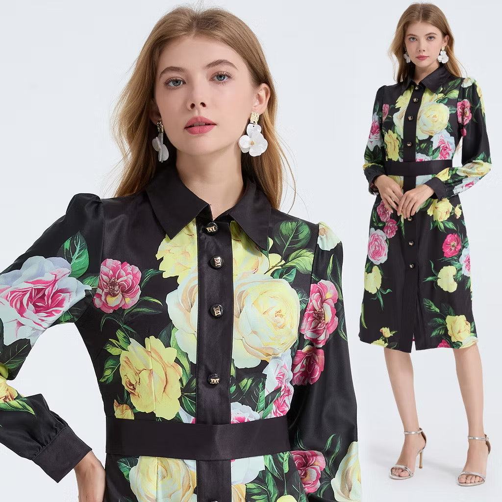 CM-DY053339 Women Elegant European Style Floral Print Collar Neckline Long Sleeve Midi Dress - Black