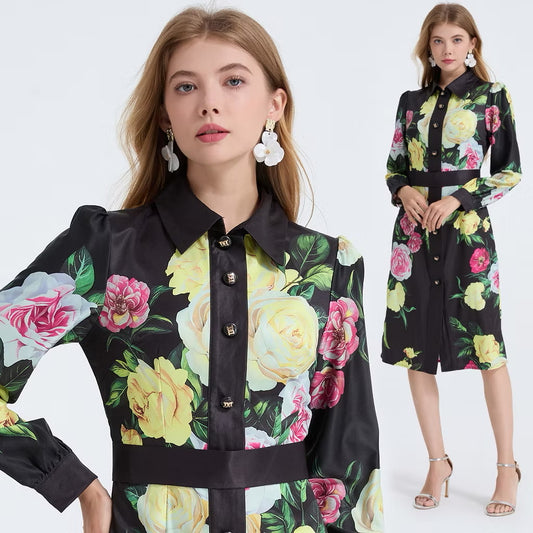 CM-DY053339 Women Elegant European Style Floral Print Collar Neckline Long Sleeve Midi Dress - Black