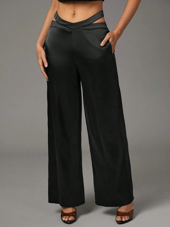 CM-BS999830 Women Elegant Seoul Style Satin Waist Hollow V-Waist Straight Leg Wide Leg Pants