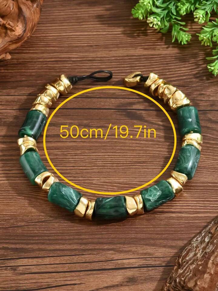 CM-AXS143919 Women Trendy Bohemian Style Jade Resin Bead Asymmetrical Golden Bead Necklace