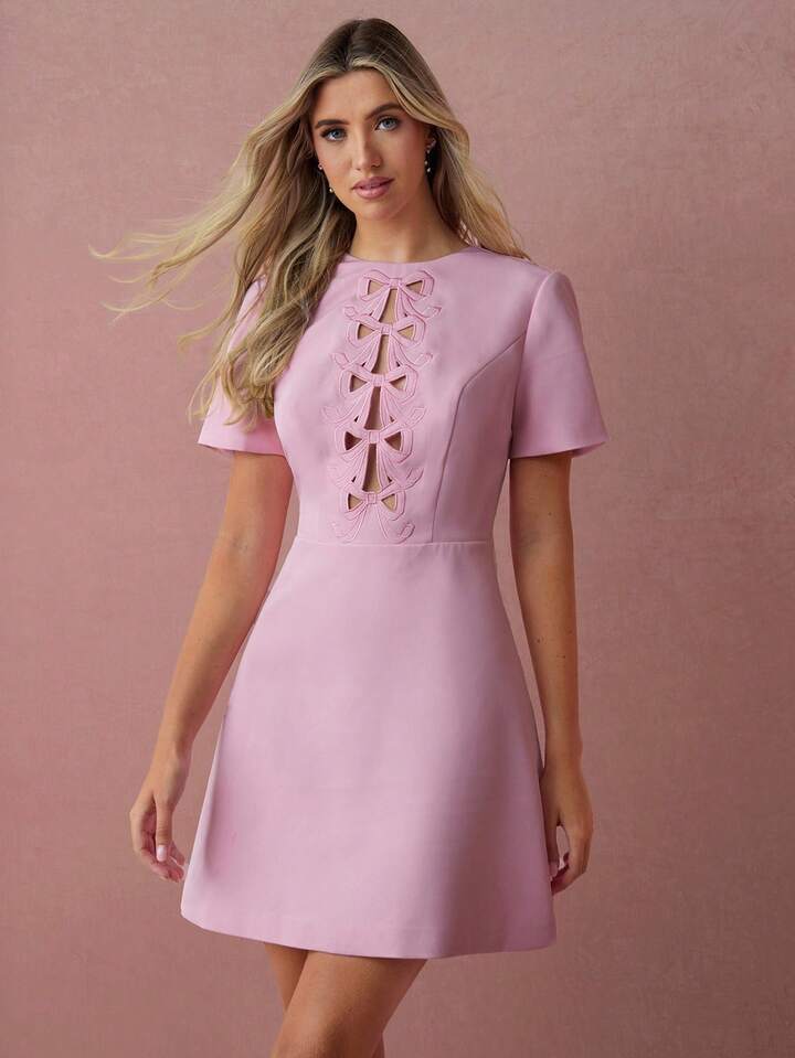 CM-DS119207 Women Elegant Seoul Style Bowknot Hollow-Out Embroidered Short Sleeves Round Neck Mini Dress - Pink