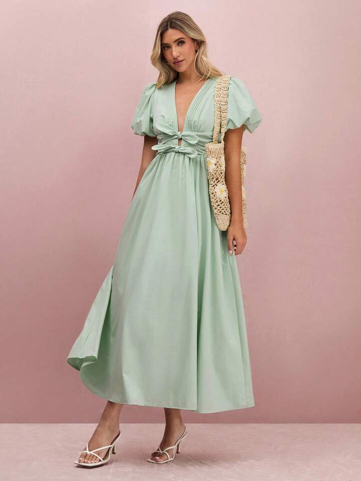 CM-DS406945 Women Elegant Seoul Style Pleated V-Neck Puff Sleeve Bowknot Maxi Dress - Mint Green