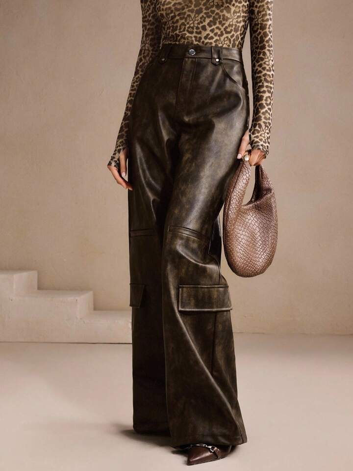 CM-BS445211 Women Elegant Seoul Style Mid Waist PU Leather Cargo Straight Leg Pants - Brown