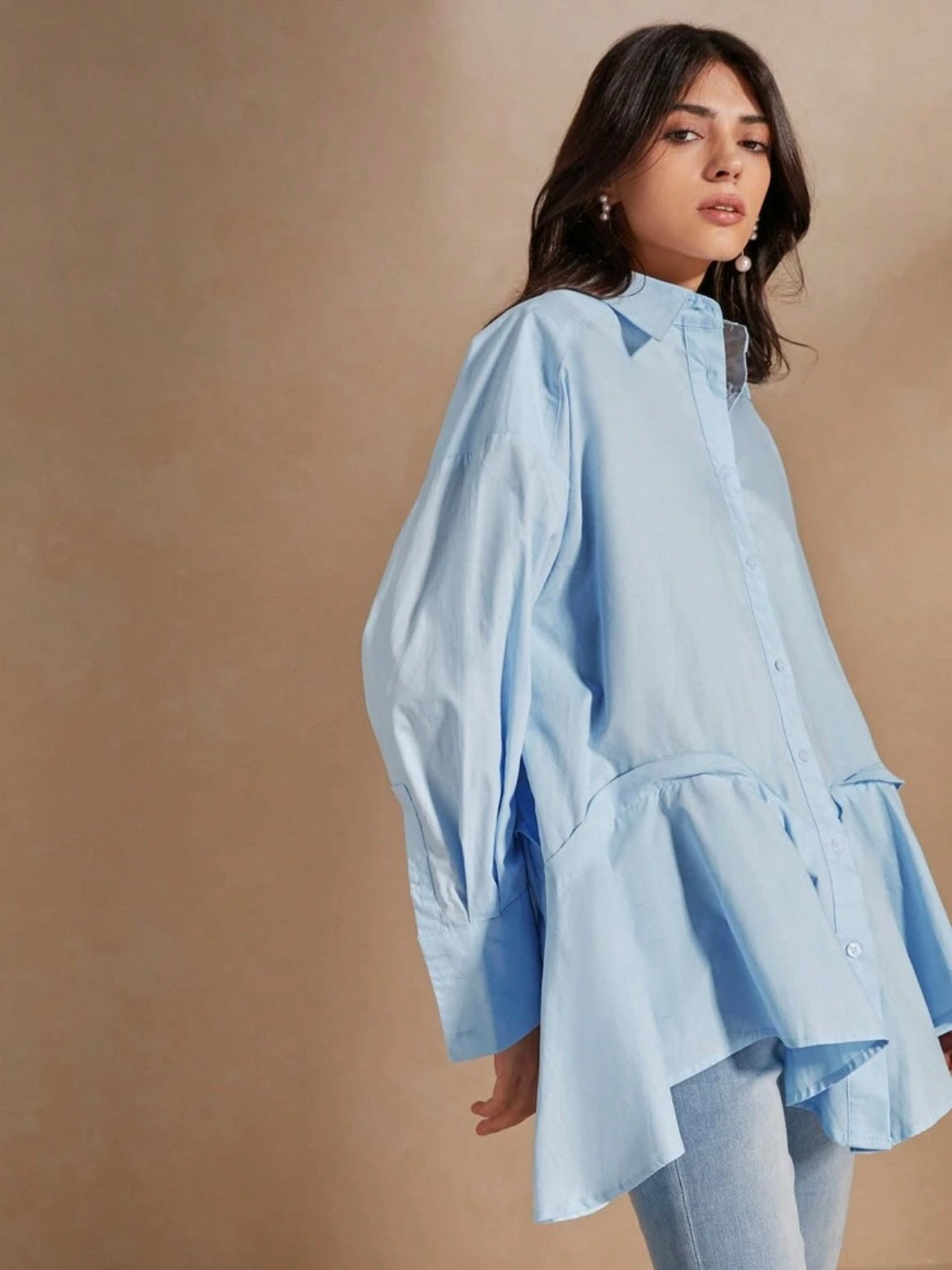 CM-TS493804 Women Casual Seoul Style Solid Color Asymmetrical Hemline Long Sleeve Shirt - Blue