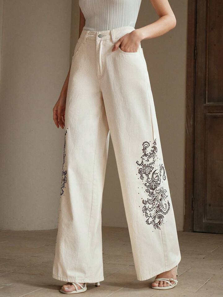 CM-BS152436 Women Elegant Seoul Style Mid Waist Embroidery Rhinestone Decor Straight Leg Jeans - Beige