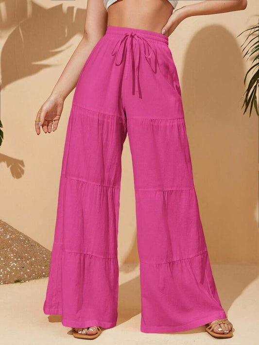 CM-BS338884 Women Trendy Bohemian Style High Waisted Knotted Wide Leg Pants - Hot Pink