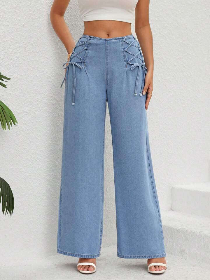 CM-BS222712 Women Casual Seoul Style Light Wash Lace Up Front Loose Wide Leg Jeans