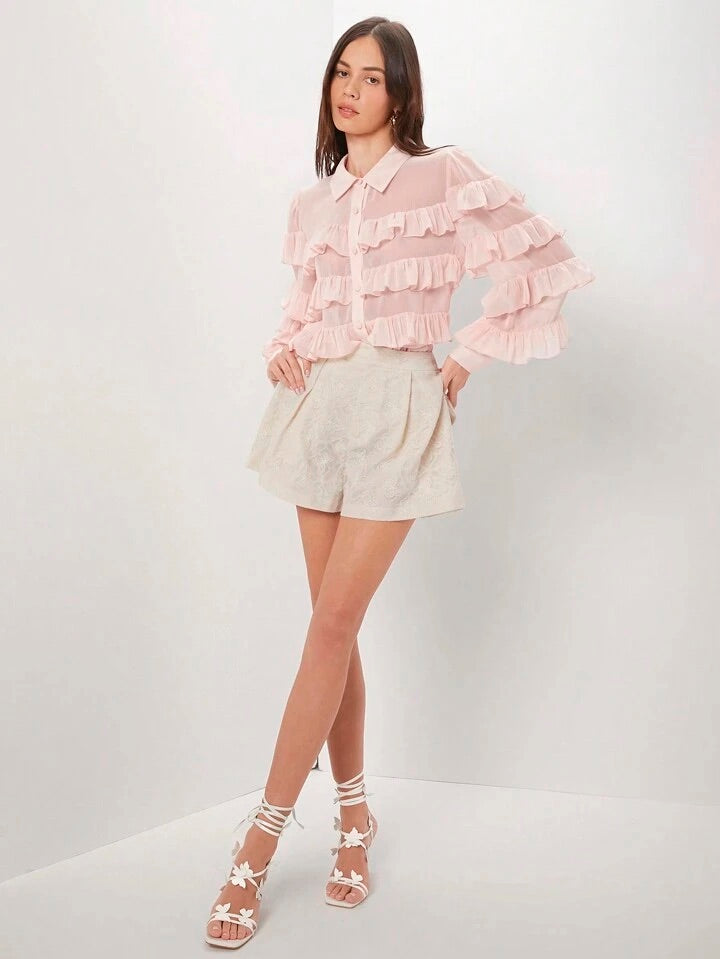 CM-TS615334 Women Casual Seoul Style Multi-Layered Ruffle Hem Blouse - Baby Pink