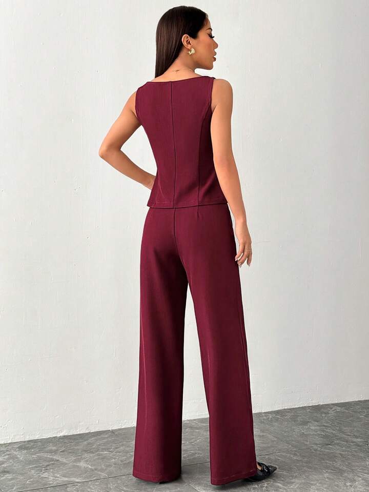 CM-SS055036 Women Elegant Seoul Style Solid Color Round Neck Single-Breasted Vest With Pants Suit - Burgundy