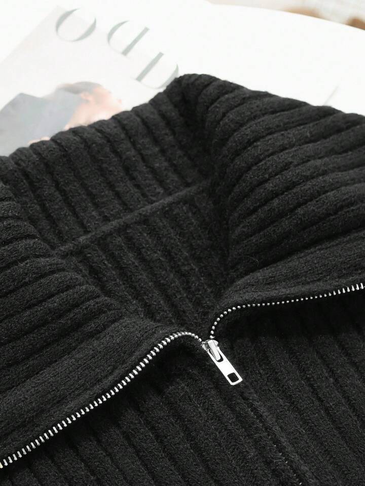 CM-CS791813 Women Casual Seoul Style Stand Collar Double-Ended Zipper Ribbed Yarn Short Fitted Cardigan