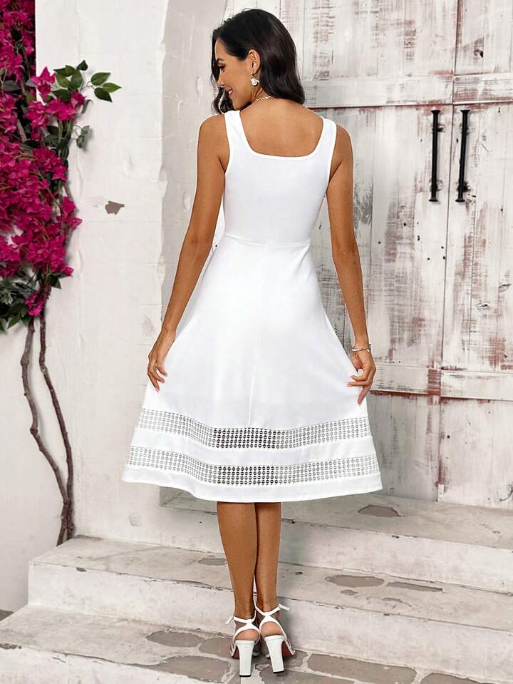 CM-DS445612 Women Casual Seoul Style Scoop Neck Sleeveless Lace Splice A-Line Dress - White