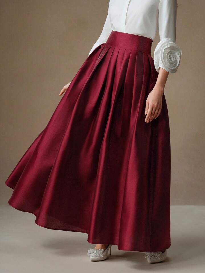 CM-BS386136 Women Elegant Seoul Style High Waisted Puff Pleated Long Skirt - Burgundy