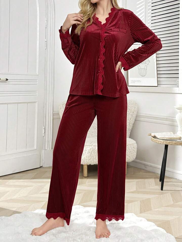 CM-LS590255 Women Trendy Seoul Style V-Neck Long Sleeve Lace Trim Velvet Pajama Set - Burgundy