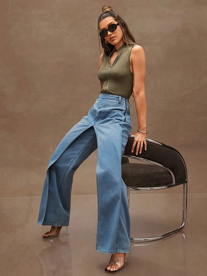 CM-BS954292 Women Casual Seoul Style Medium Wash Loose Fit Pocket Covered Wide Leg Jeans