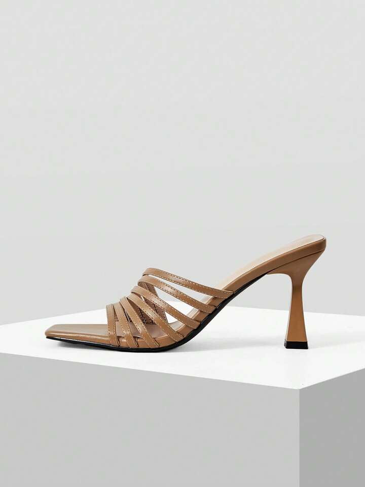 CM-SHS159881 Women Trendy Seoul Style Square Toe High Heel Slide Sandals - Camel