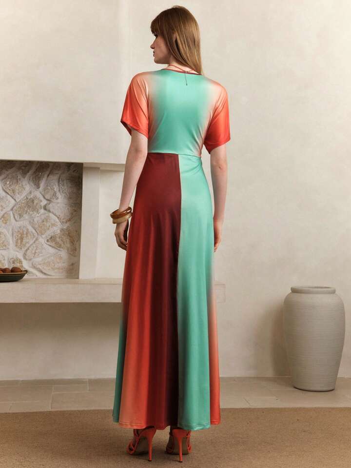 CM-DS922324 Women Casual Seoul Style Satin Tie-Dye Ombre Deep V Neck Long Sleeve Maxi Dress