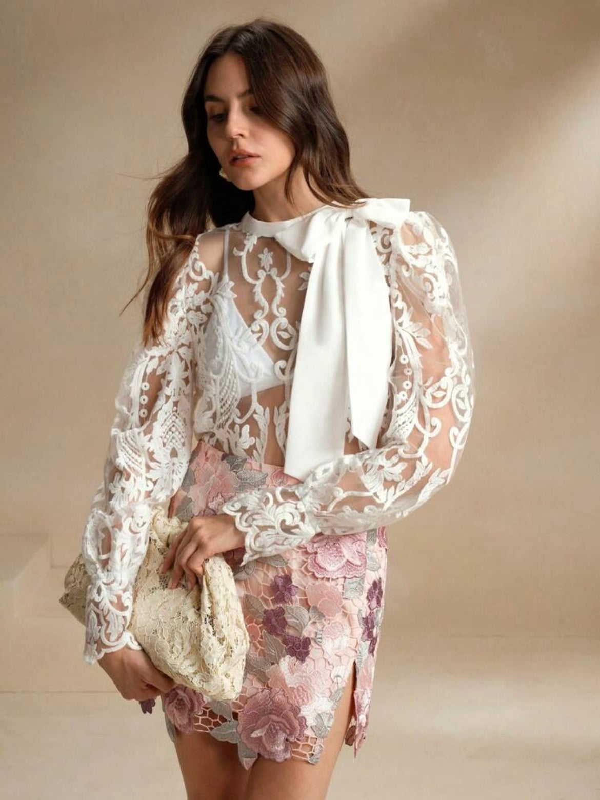 CM-TS660520 Women Elegant Seoul Style Stand Collar Lace Puff Sleeve See-Through Embroidered Blouse