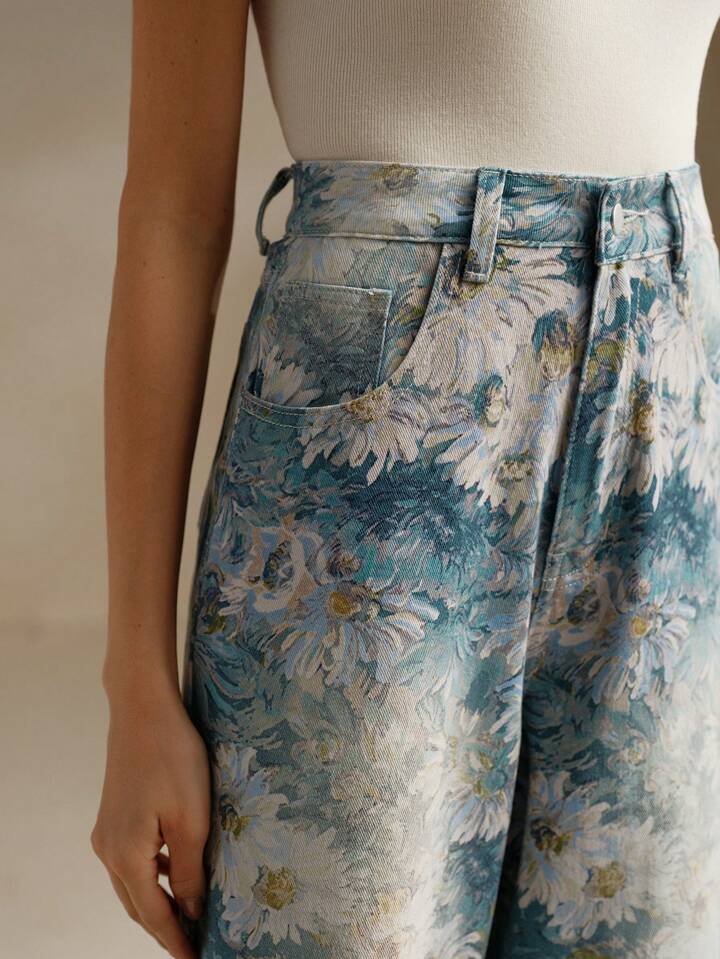CM-BS372161 Women Casual Seoul Style Floral Printed High-Waisted Wide Leg Jeans