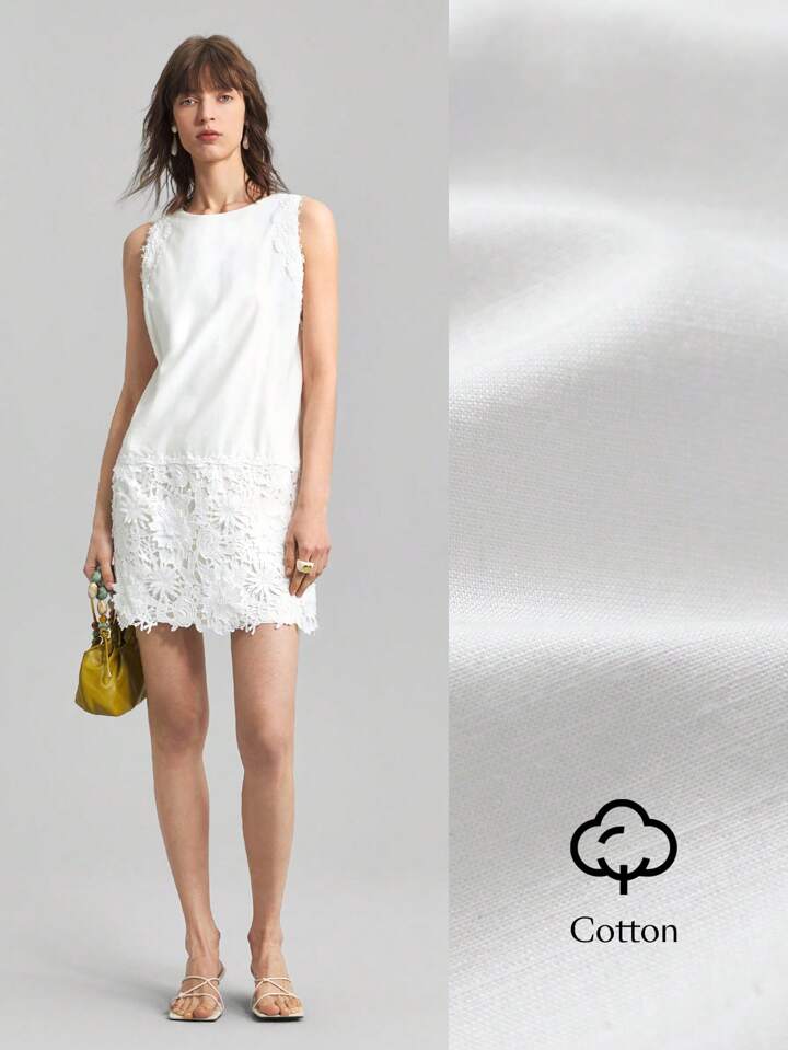 CM-DS603272 Women Elegant Seoul Style Solid Color Lace Patchwork Round Neck Sleeveless Mini Dress